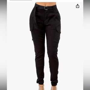 Women's High Waist Slim Fit Jogger Black Cargo Pants with Matching Belt size 1x